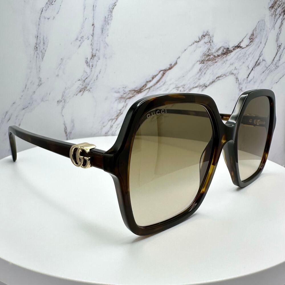 New GUCCI Sunglasses Brown Square Oversized Gold Metal GG Logo 56mm - Picture 7 of 16